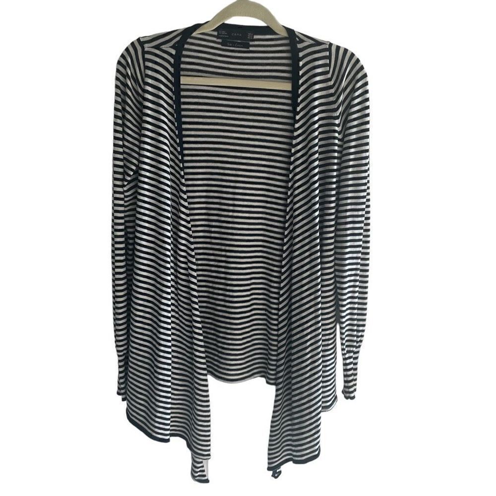 Zara Navy White Striped Silk Cotton Open Front Cardigan Top Women’s Size Medium